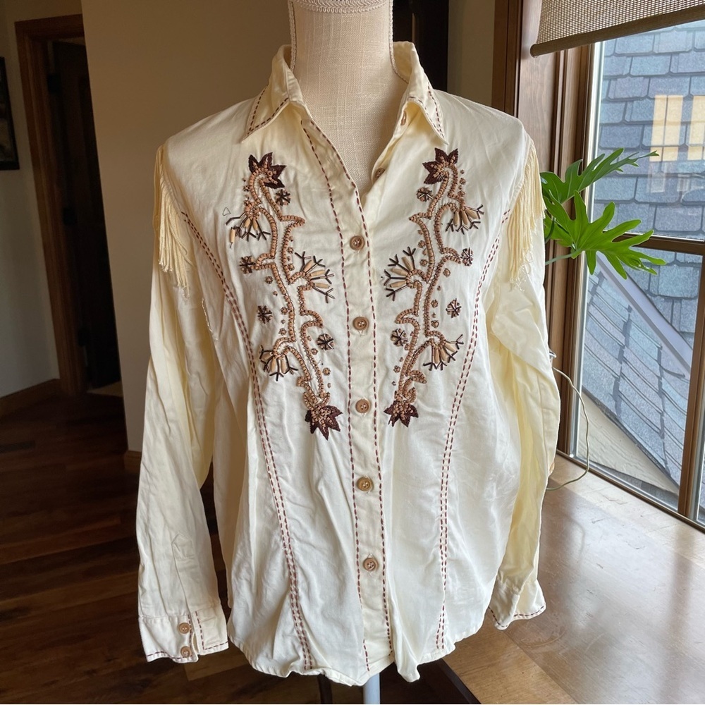 Vintage Adobe Rose Western Beaded Cream Button Down Shirt with Tassel Detail L